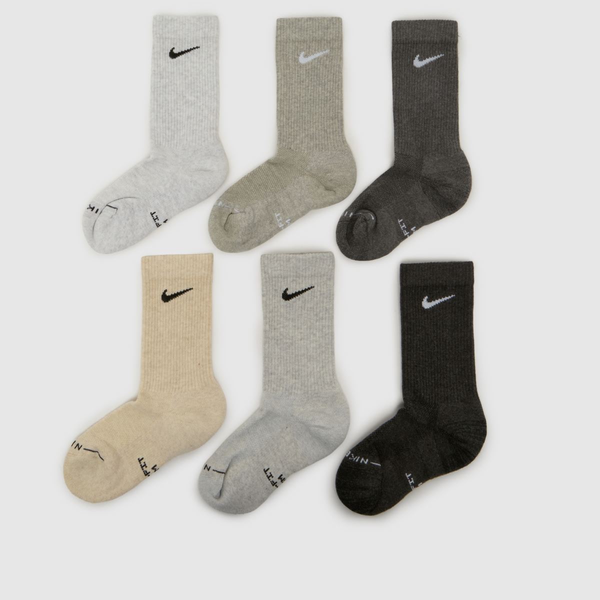 Nike Crew Socks 6 Pack in Beige & Grey, Size: 2-4.5 - Dri-FIT Cushioned
