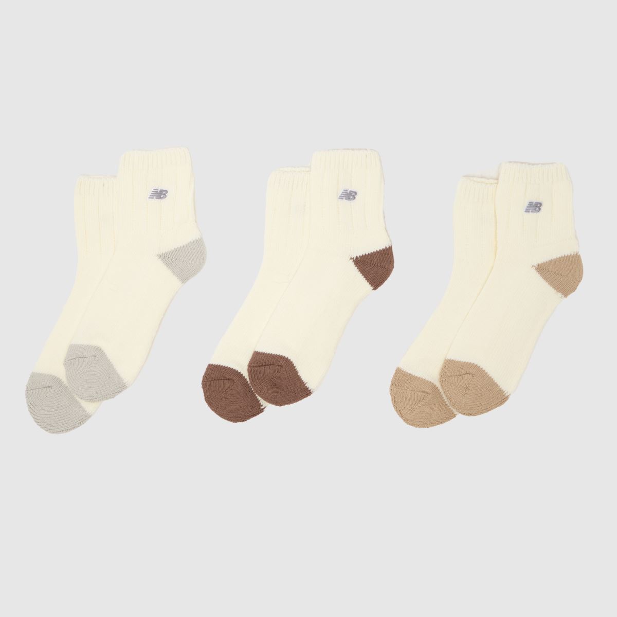 New Balance Chunky Ankle Socks 3 Pack in Beige & Brown, Knitted, Cotton, Size: 9-11