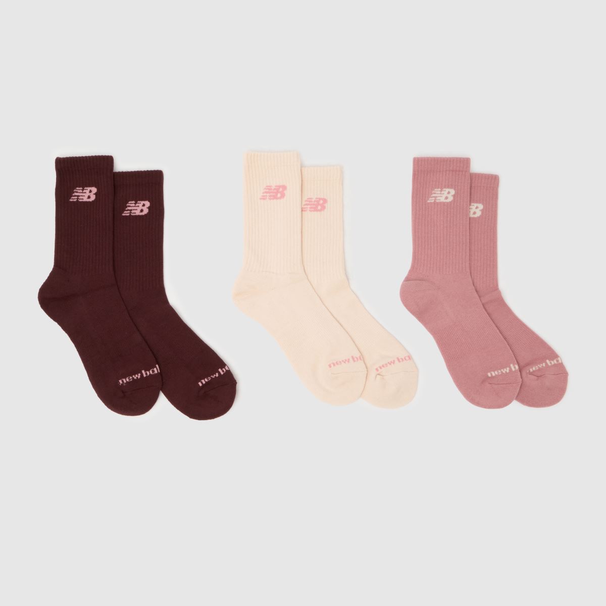 New Balance Midcalf Socks 3 Pack in Pink & Burgundy, Logo Detail, Fabric, Size: 4-6.5