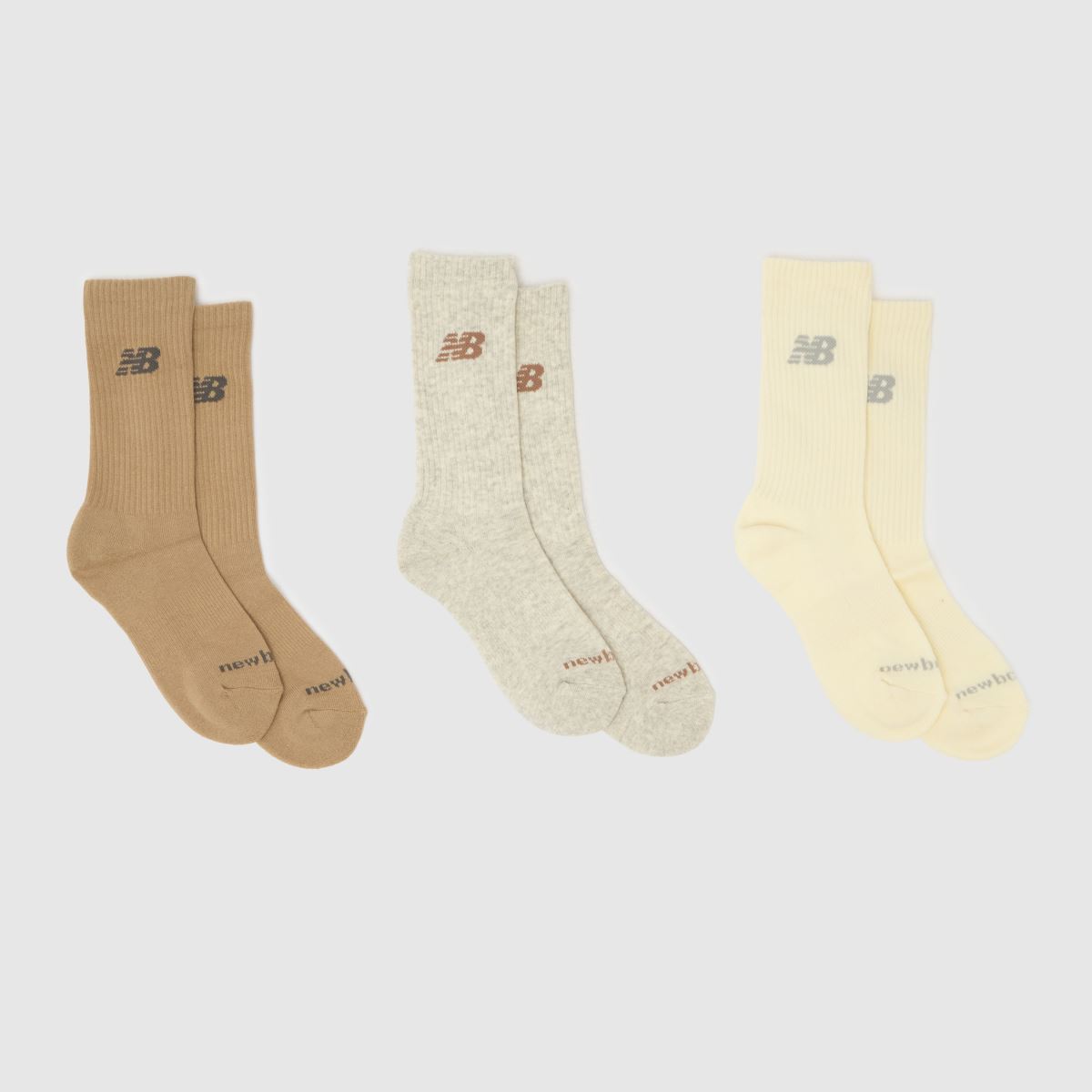 New Balance Everyday Crew Socks 3 Pack in Beige & Cream, Logo Detail, Fabric, Size: 7-8.5