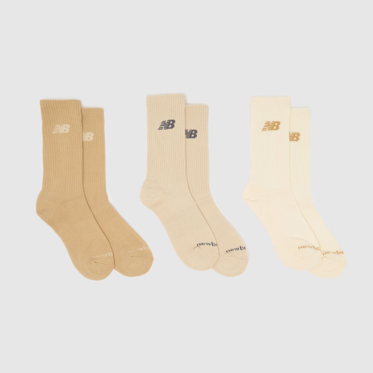 New Balance Everyday Crew Socks 3 Pack in Beige & Grey, Fabric, Size: 7-8.5