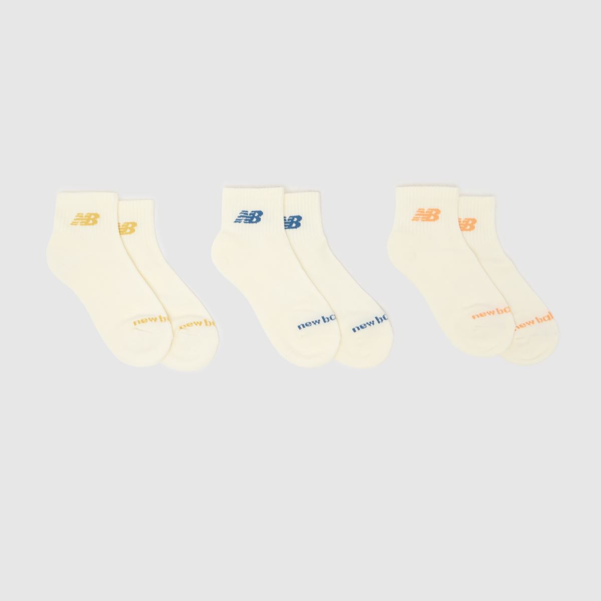 New Balance Ankle Socks 3 Pack in Cream & Blue, Logo Detail, Fabric, Size: 7-8.5