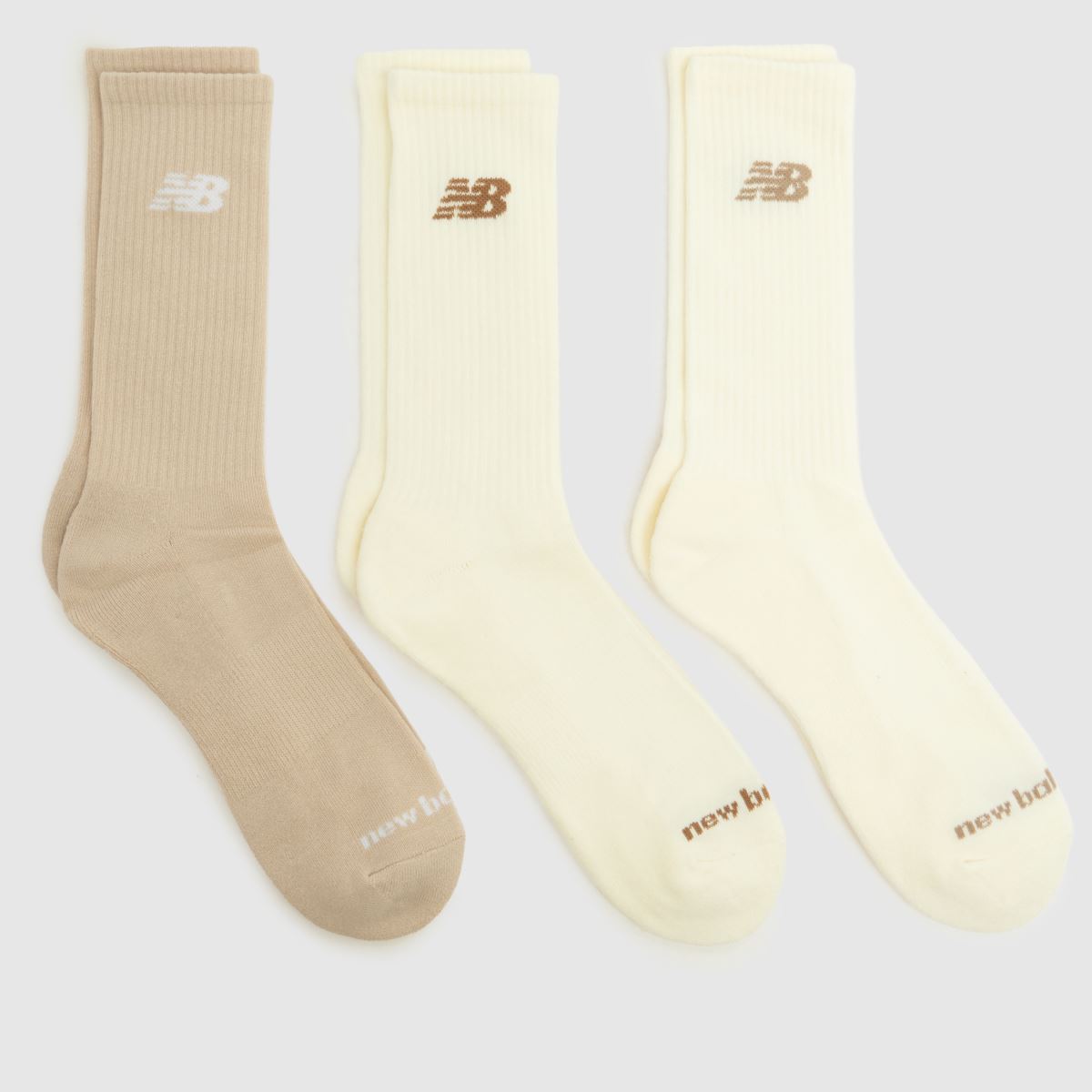 New Balance Everyday Crew Socks 3 Pack in Beige & Cream, Logo Detail, Size: 4-6.5