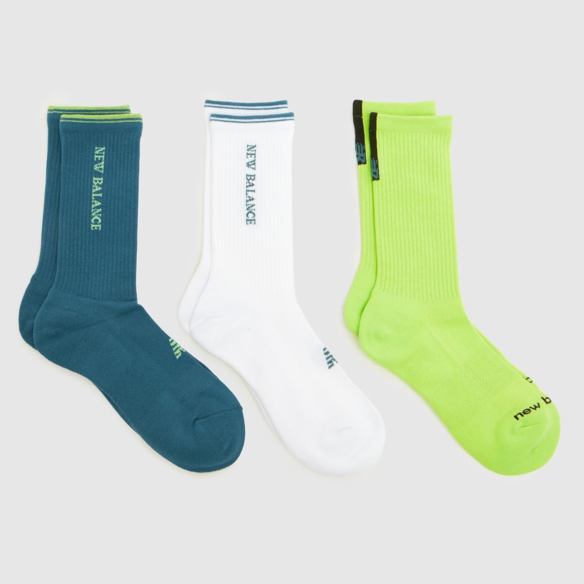 New Balance Performance Crew Socks 3 Pack in Green & White, Logo Detail, Size: 4-6.5