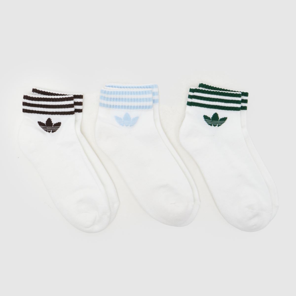 Image of adidas Ankle Socks 3 Pack in White & Green, Striped, Fabric, Size: 4.5-5.5