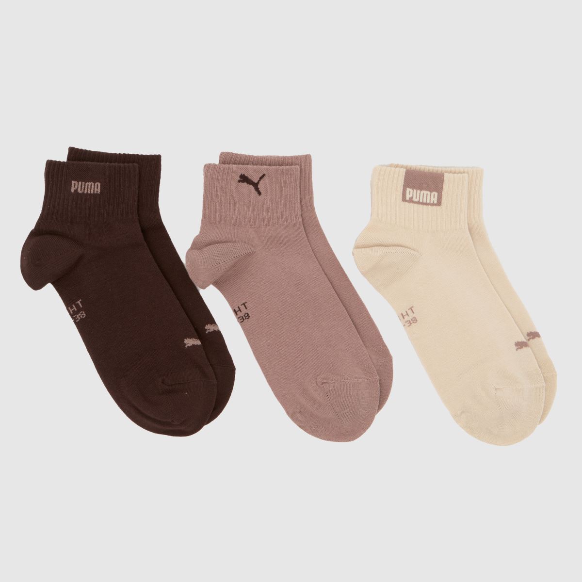 PUMA Quarter Socks 3 Pack in Brown & Beige, Logo Detail, Size: 6-8